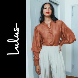 Lulu’s Brown Puff Sleeve Button-Up Top / Medium